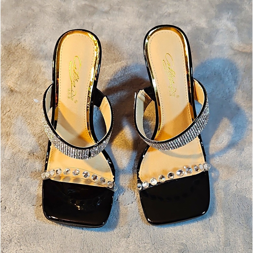Cathy Jean Black Rhinestone Studded Strappy Slip On Square Toe Heel 6.5